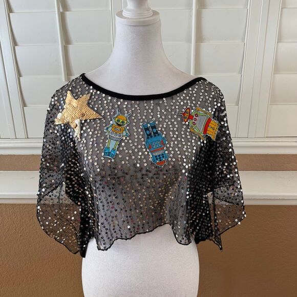Jacked Jill Tops - Vintage Y2K Jacked Jill Sequins Overlay Robot Sheer Mesh Cropped Top Rave Sz M